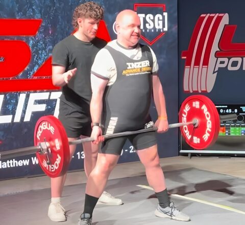 Gabriel Homes resident powerlifting at tournament.