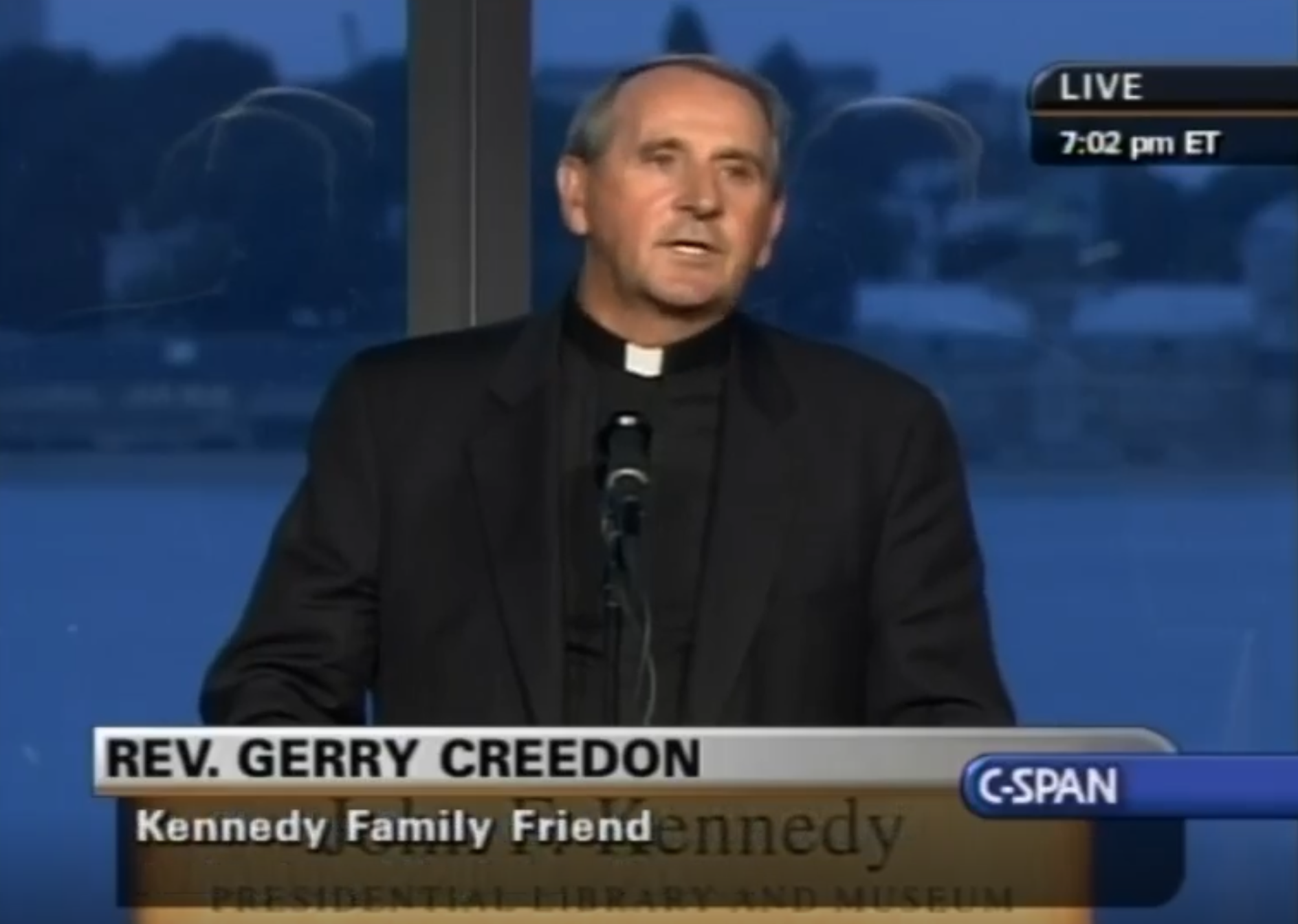 Gabriel Homes founder Fr. Gerry Creedon delivering remarks at Sen. Ted Kennedy's funeral.