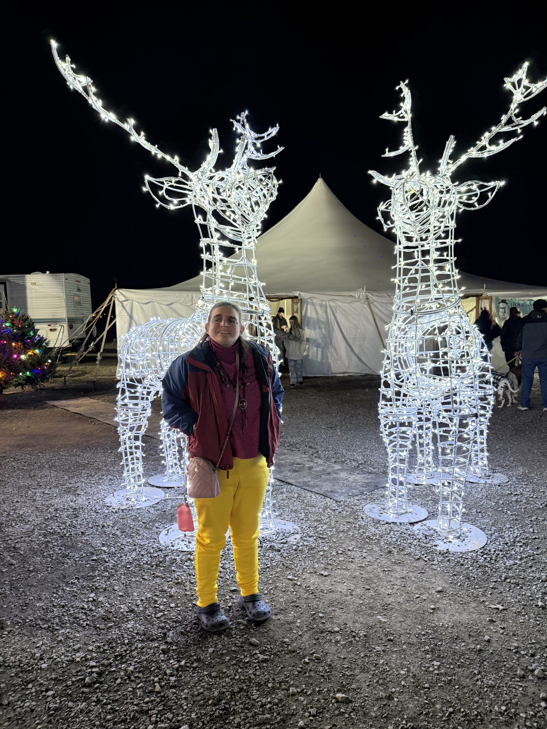 Gabriel Homes resident at a local event in December, seeing the Festival of Lights, pictured in front of lit deer.
