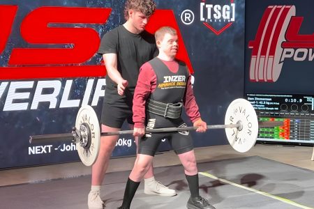 powerlifting-sz3 Gabriel Homes resident powerlifting at tournament.
